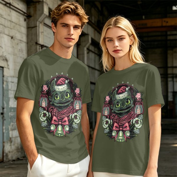 Olive T-shirt with Christmas Night Fury Dragon Festive Print
