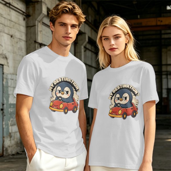 Olive T-Shirt With Cartoon Penguin Driving Car 'My Destination?' Print