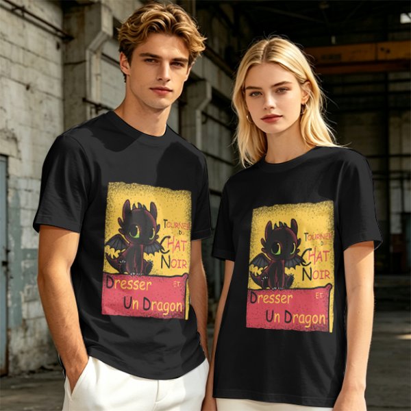 Olive t-shirt featuring Toothless dragon and Chat Noir themed text