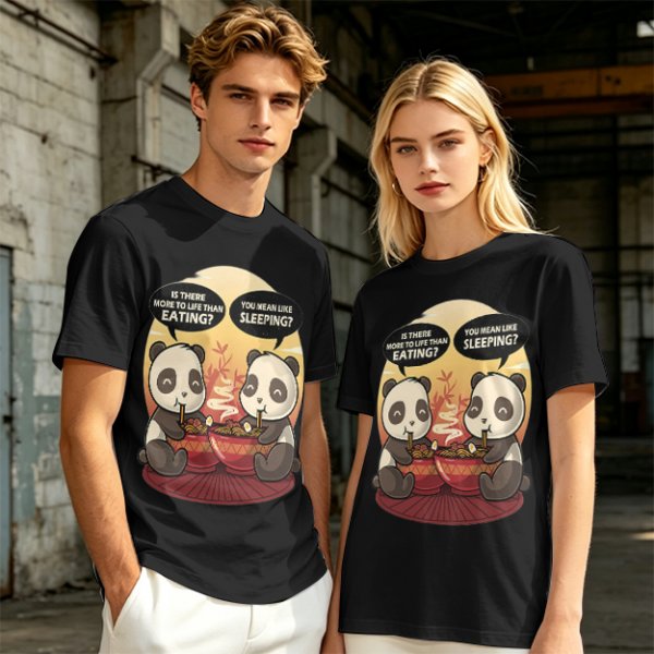 Olive t-shirt with pandas debating life beyond eating and sleeping