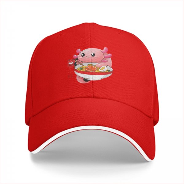 Black baseball cap with cute axolotl eating ramen graphic