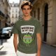 Olive green t-shirt with cartoon apple lifting dumbbells and 'Working on my core' text