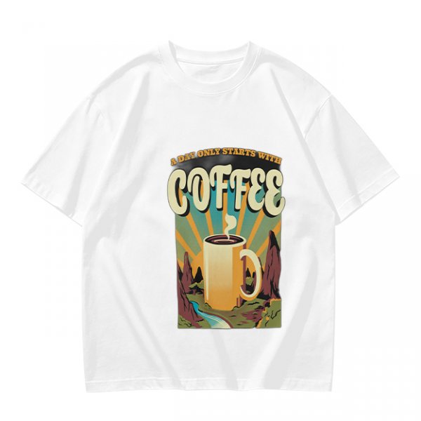 Olive Graphic T-Shirt With Coffee And Mountain Sunrise Design