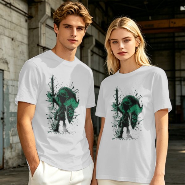 Olive Green T-Shirt With Legendary Hero Ink Splatter Art