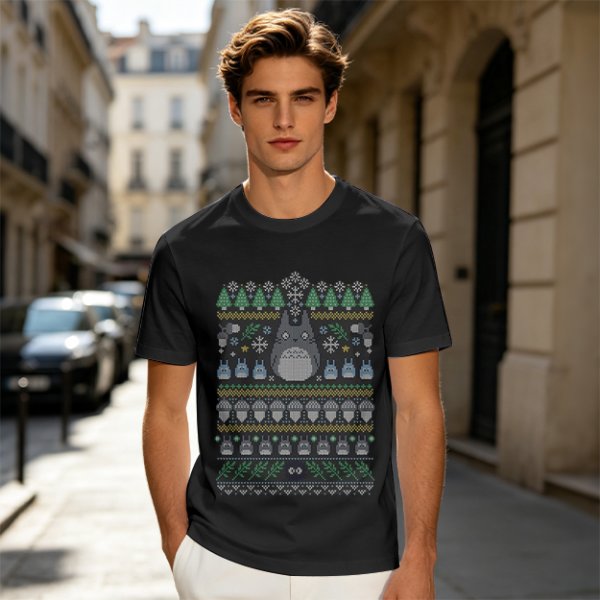 Olive T-Shirt With Totoro Ugly Christmas Sweater Style Print