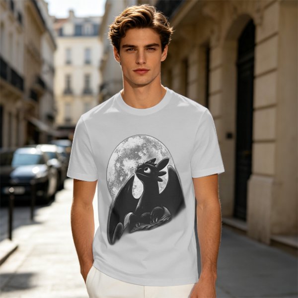 Olive T-Shirt Featuring Toothless Dragon Against Full Moon