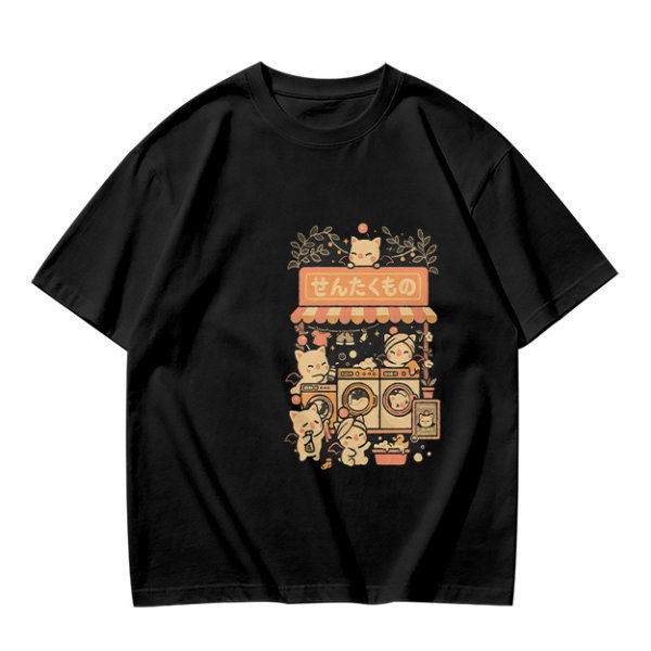Olive T-Shirt With Cute Cats Doing Laundry Graphic