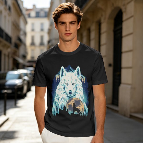 Olive T-Shirt With White Wolf And Howling Wolf Moon Graphic