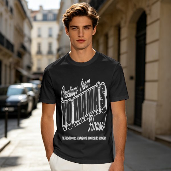 Olive green graphic t-shirt with 'Greetings from Yo Mama's House' print
