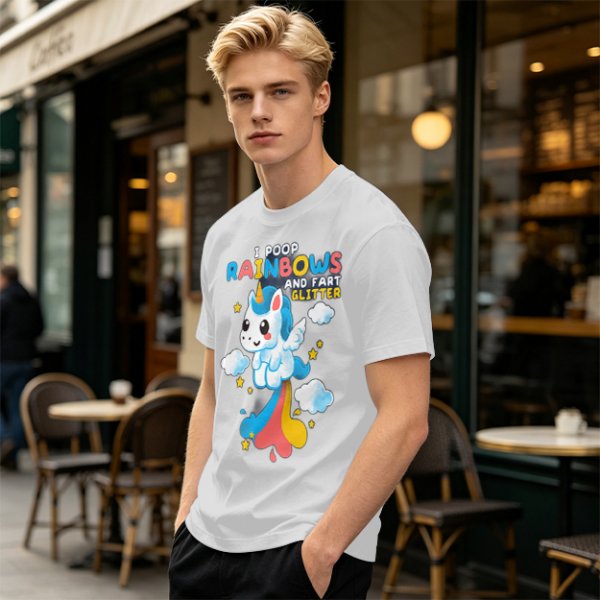Olive t-shirt with playful unicorn rainbow poop and glitter fart graphic