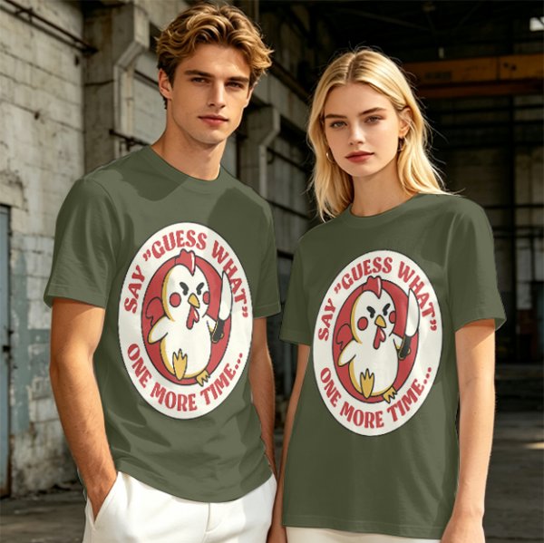 Olive t-shirt with angry chicken holding knife and funny text design