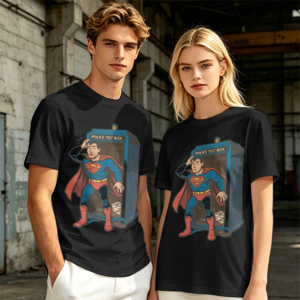 Olive T-shirt with Superman emerging from TARDIS police box graphic