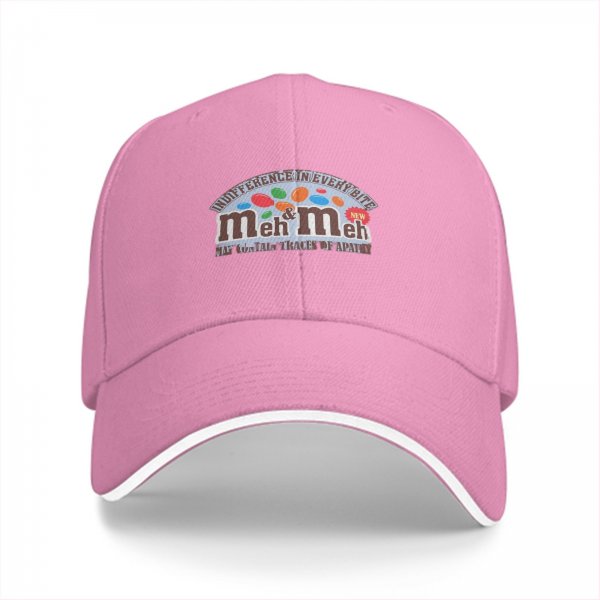 Black baseball cap with 'meh & meh' novelty candy parody design