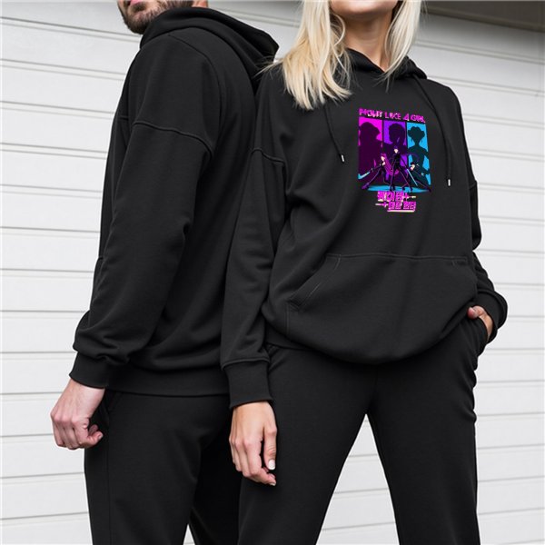 Black hoodie with neon cyberpunk girl squad graphic print