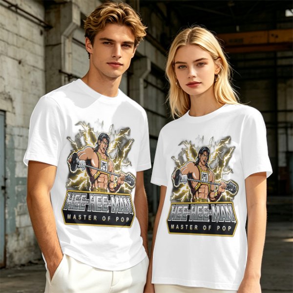 Olive T-shirt with Hee-Hee-Man Master of Pop Lifting Barbell Graphic