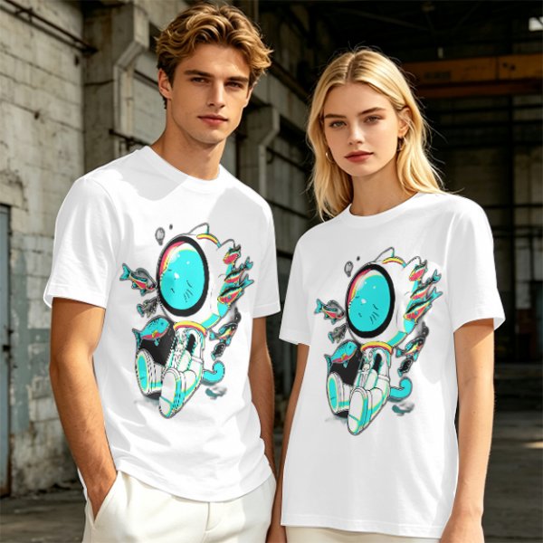 Olive T-Shirt with Astronaut Cat and Fish Graphic Print