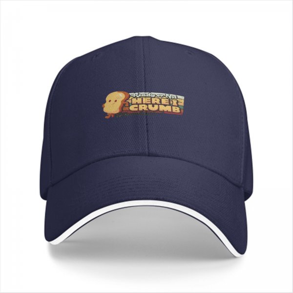Black baseball cap with 'Here I Crumb' bread graphic print