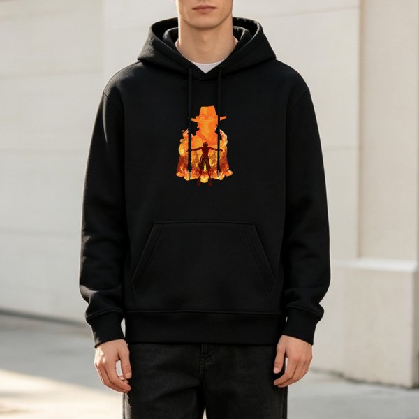 Black hoodie with anime fire silhouette graphic design