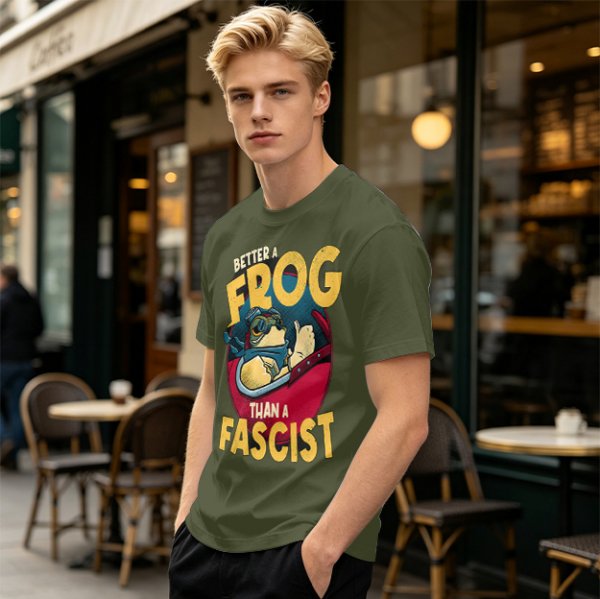 Olive graphic t-shirt with 'Better a Frog Than a Fascist' pilot frog design