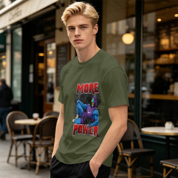 Olive Graphic T-Shirt with 'MORE POWER' and Muscular Skeleton Character