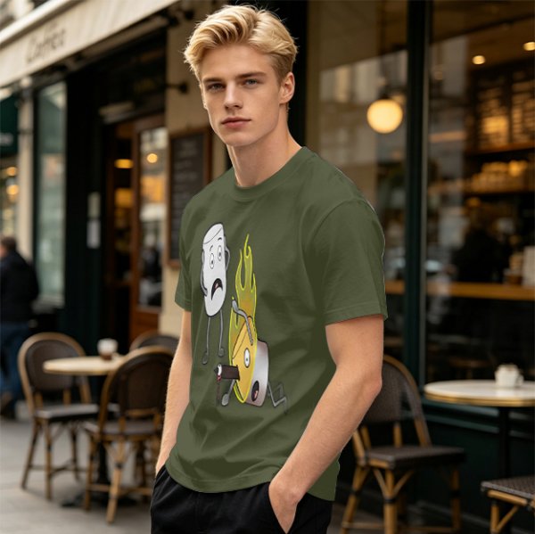 Olive T-Shirt With Cartoon Marshmallow and Burning Character Print