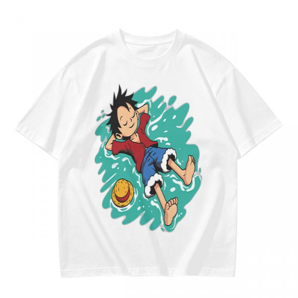 Olive anime t-shirt with Luffy relaxing in water print