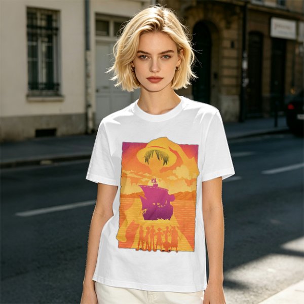 One Piece Straw Hat Crew Sunset Pirate Ship Graphic T-Shirt