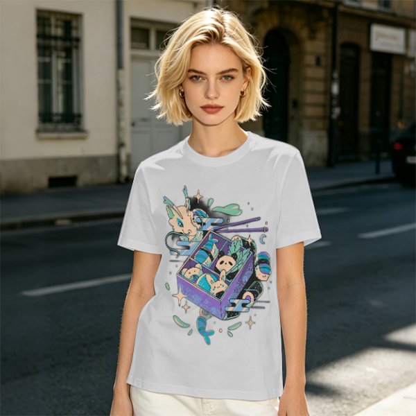 Olive t-shirt with whimsical bento box animal graphic print