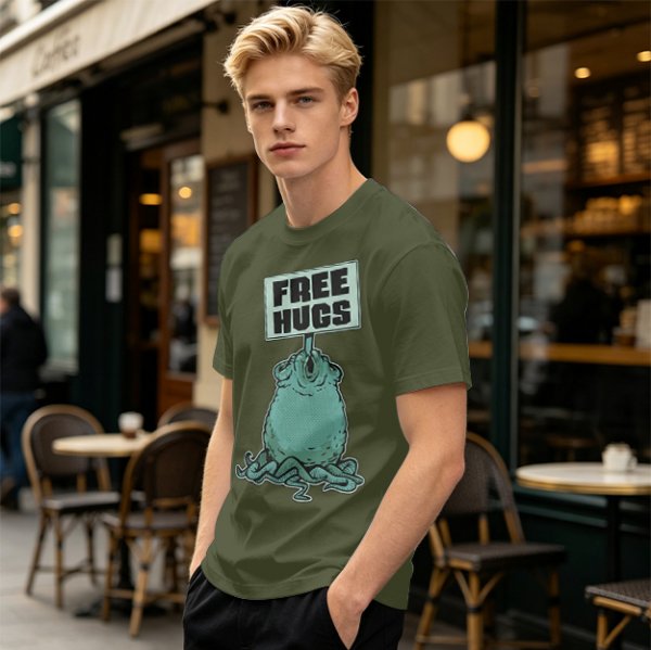 Olive T-Shirt With Free Hugs Monster Graphic Print