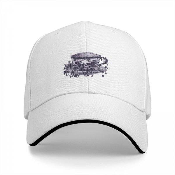 Black baseball cap with gothic teacup skull and rose print