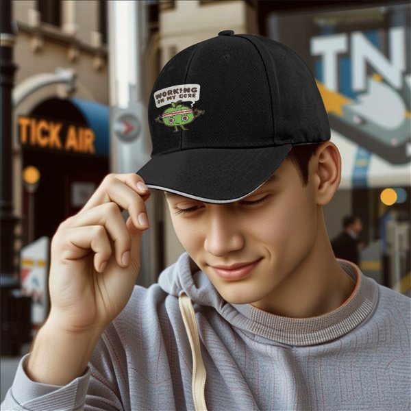 Black baseball cap with 'Working On My Core' fitness apple graphic