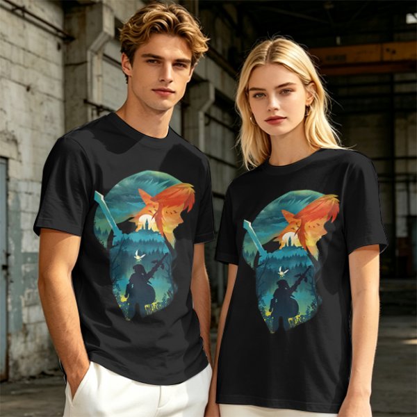 Olive green t-shirt with fantasy warrior silhouette graphic