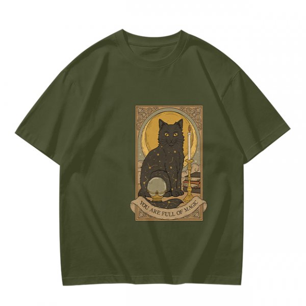 Olive T-Shirt With Black Cat Tarot Card Art That Says You Are Full Of Magic