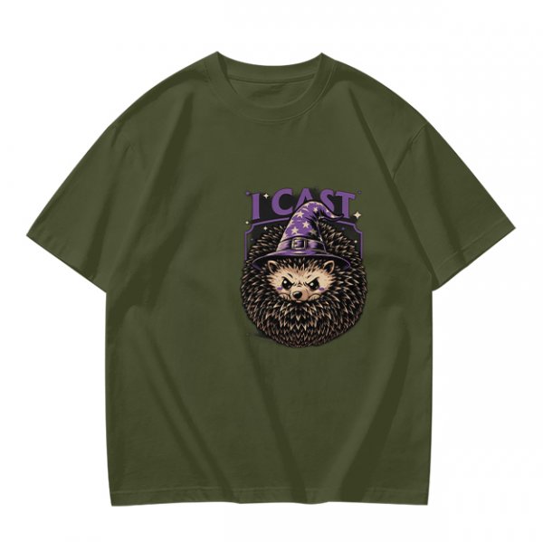 Olive green t-shirt with a hedgehog wizard graphic and 'I CAST' text