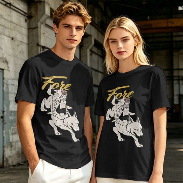 Olive graphic t-shirt with wolf rider and 'Fore' text print