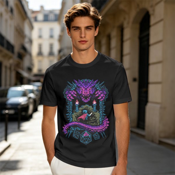 Dungeon Dragon and Warrior Graphic T-Shirt for Fantasy Game Fans