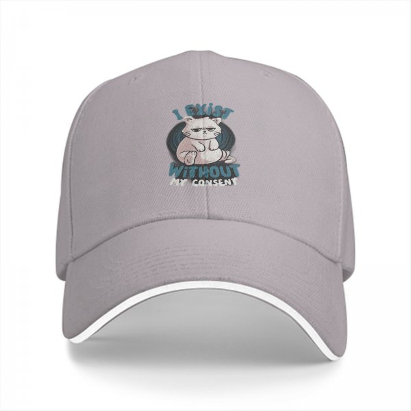 Black baseball cap with 'I Exist Without My Consent' grumpy cat print