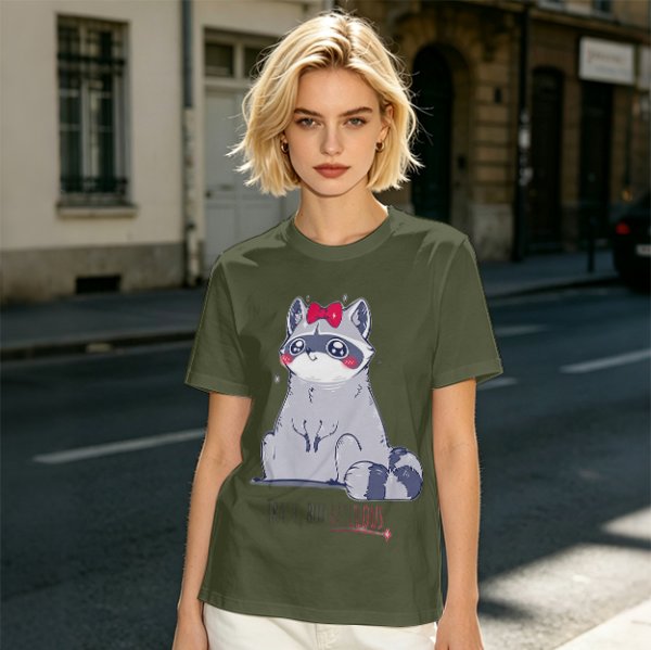 Olive T-shirt with Cute Raccoon Wearing Red Bow Graphic