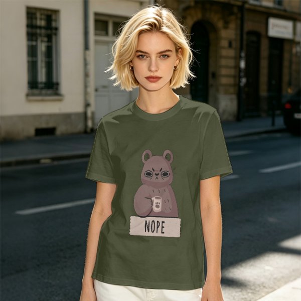 Olive T-Shirt With Grumpy Bear Holding Coffee Mug And 'NOPE' Print