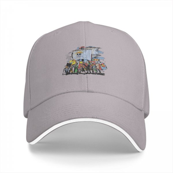 Black Baseball Cap with One Piece Straw Hat Pirates Ship Print