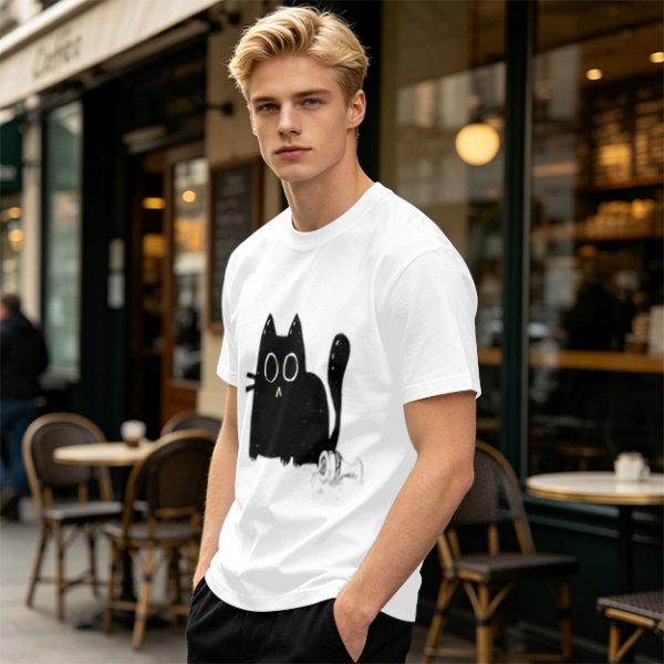 Oversized Army Green T-Shirt With Surprised Black Cat Graphic