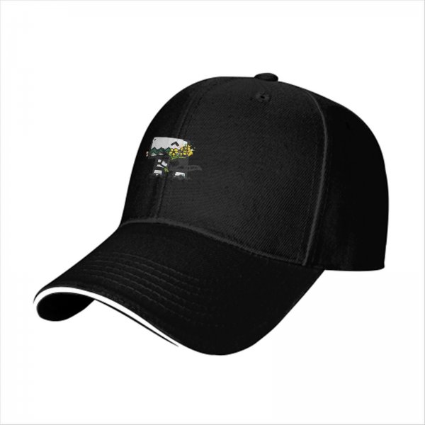 Black baseball cap with cute mushroom and yellow flowers graphic