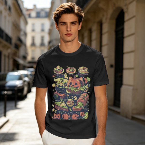 Olive T-Shirt With Halloween Themed Food And Pumpkin Cat Print