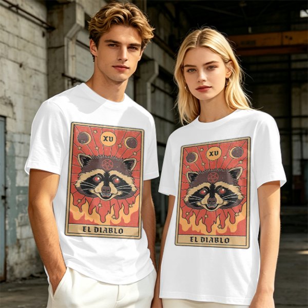 Olive T-Shirt With Raccoon El Diablo Tarot Card Print