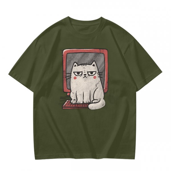 Olive T-shirt with Grumpy Cat on Retro Computer Print