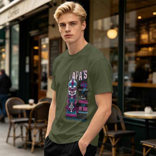 Olive T-Shirt with Papa's Tiki Paradise Skull Graphic