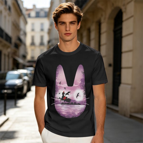 Olive T-Shirt With Witch Riding Broom Silhouette In Bunny Outline