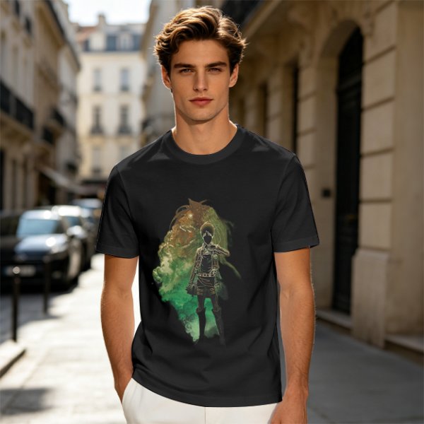 Olive Anime Graphic T-Shirt With Warrior And Giant Artwork