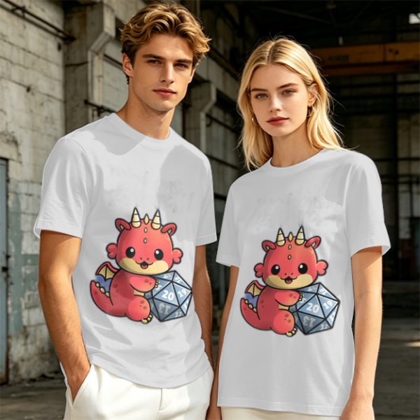 Cute Red Dragon Holding D20 Dice Graphic T-Shirt
