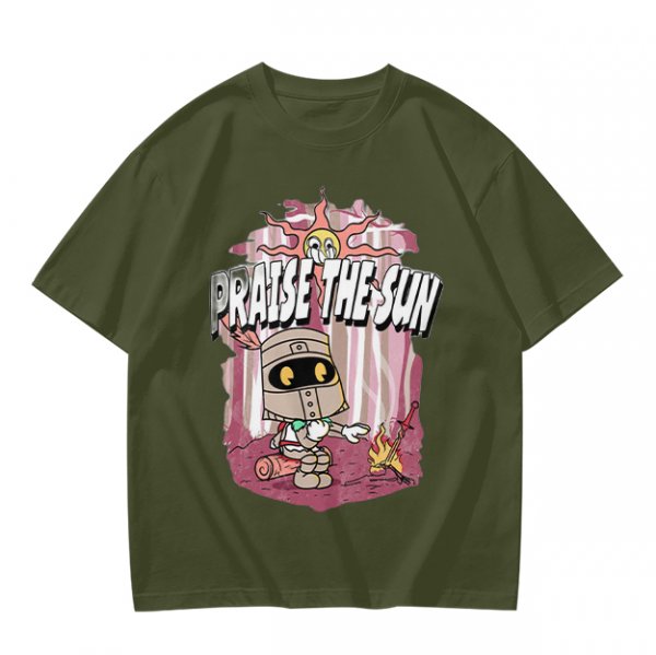 Olive t-shirt with cartoon knight 'Praise the Sun' graphic